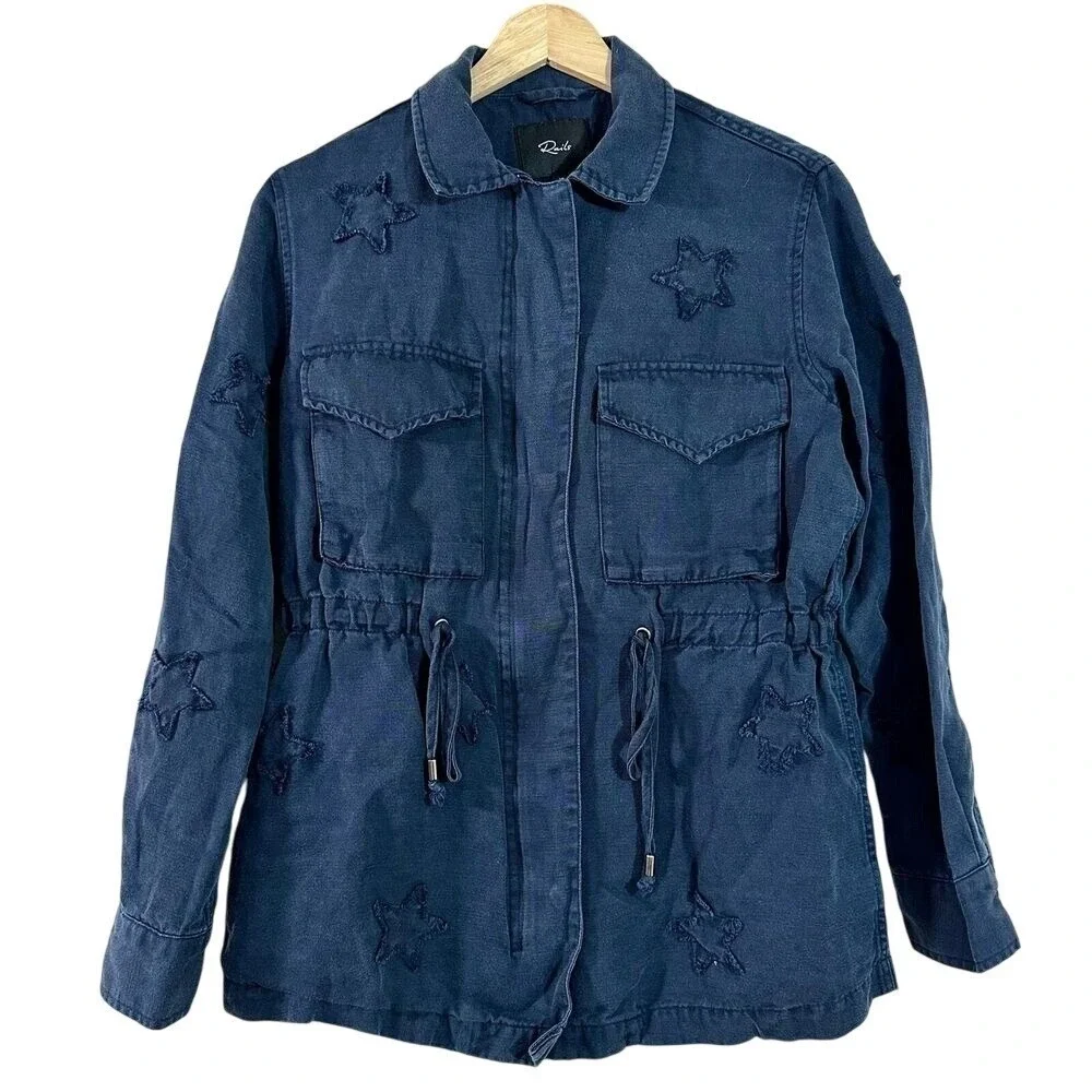Rails Collins Star Embroidered Utility Jacket Navy Blue Linen Blend XS